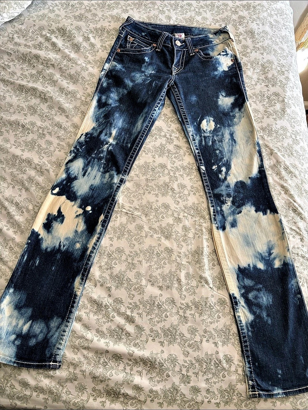 True Religion Distressed Tie-Dye Skinny Jeans in Blue & Cream